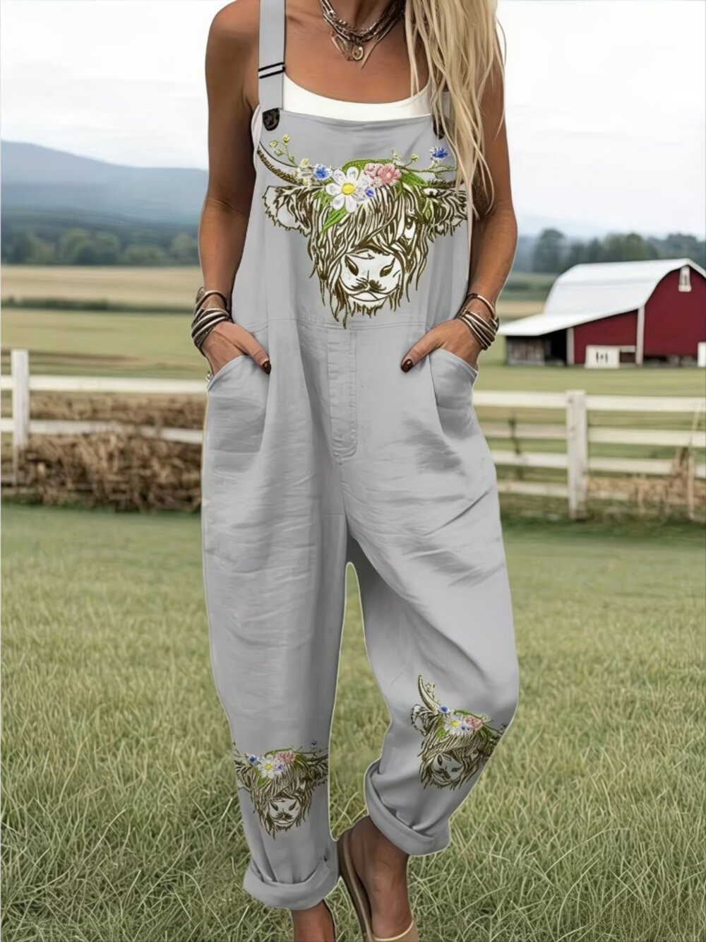 Women's Highland Cow Printed Overalls